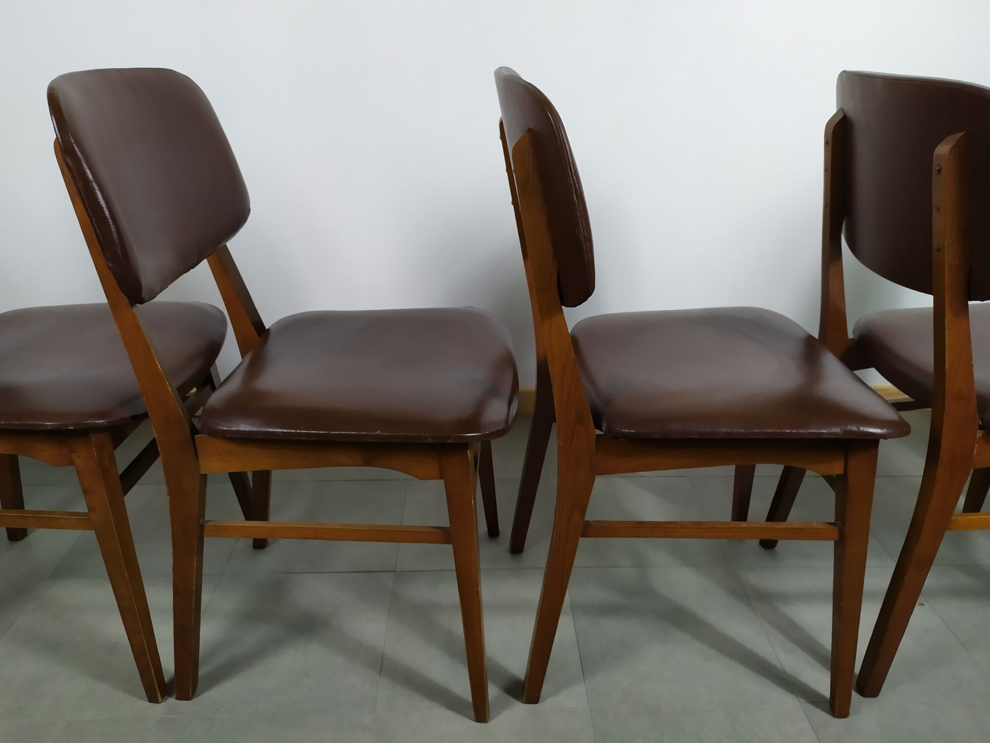 Suite de 6 chaise bois skaï marron brus vintage année 50 - 60