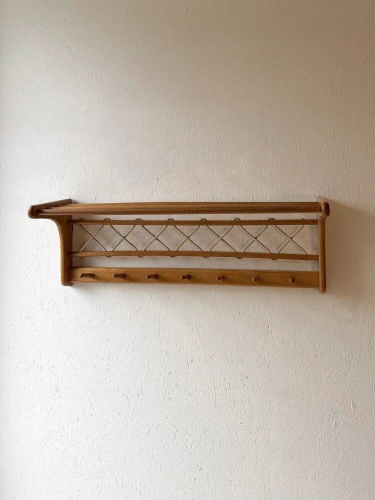 Vintage oak wall coat rack with braided cord 1960s