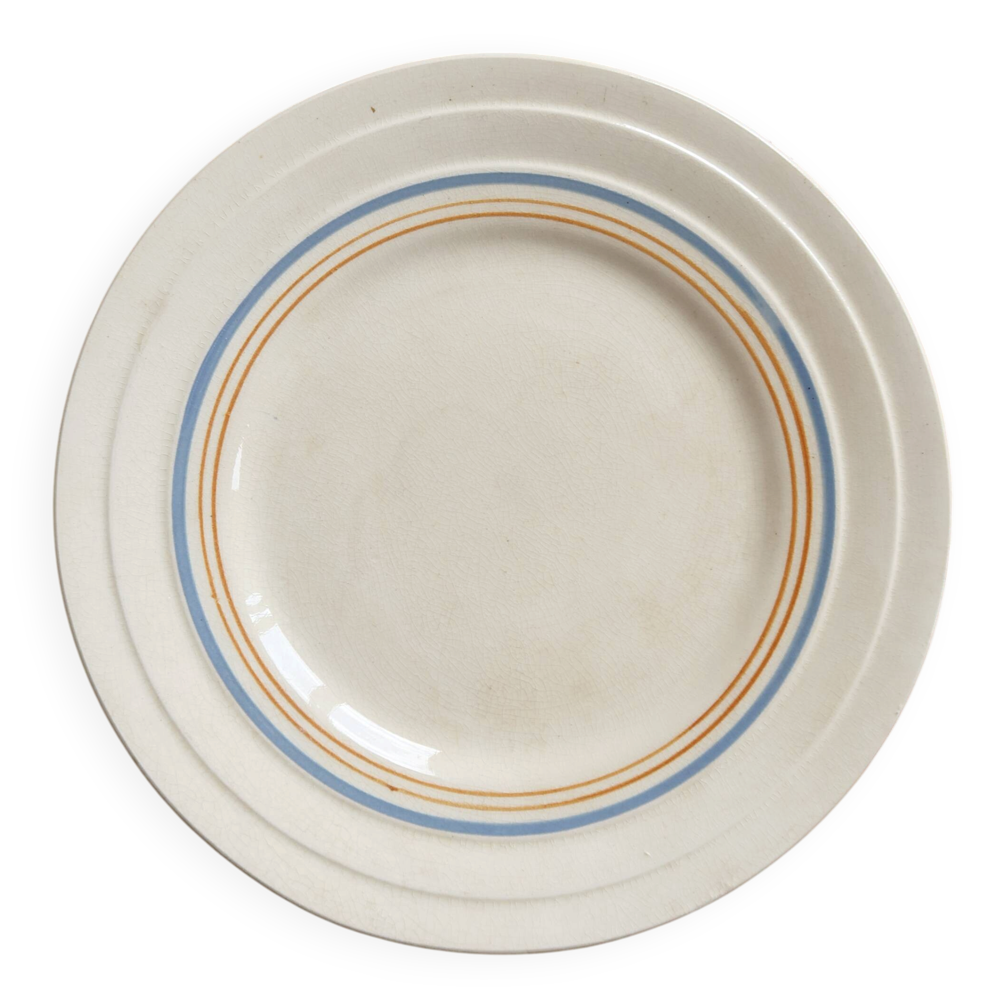 Ivory ironstone dessert plate – Pale blue and orange borders