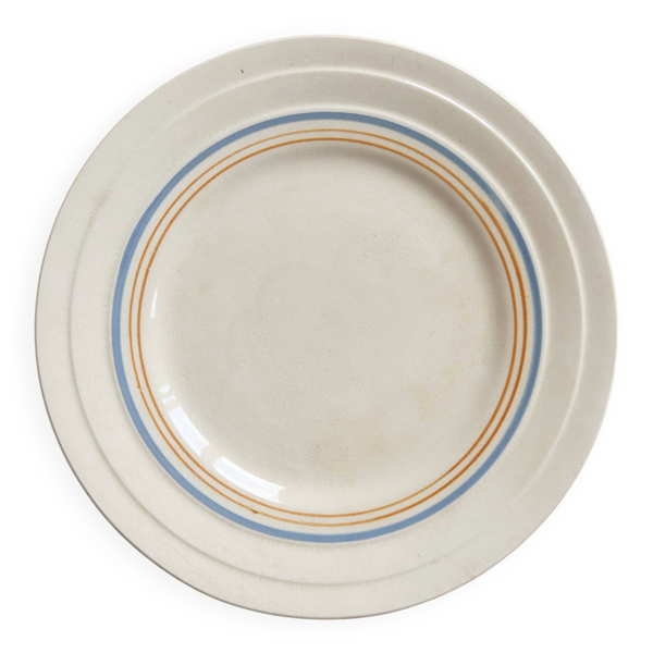 Assiette à dessert terre de fer ivoire – Liserés bleu pâle et orange