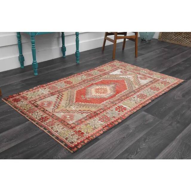 1970s Vintage Turkish Hand-Knotted Wool Cotton Red Area Rug 110x186
