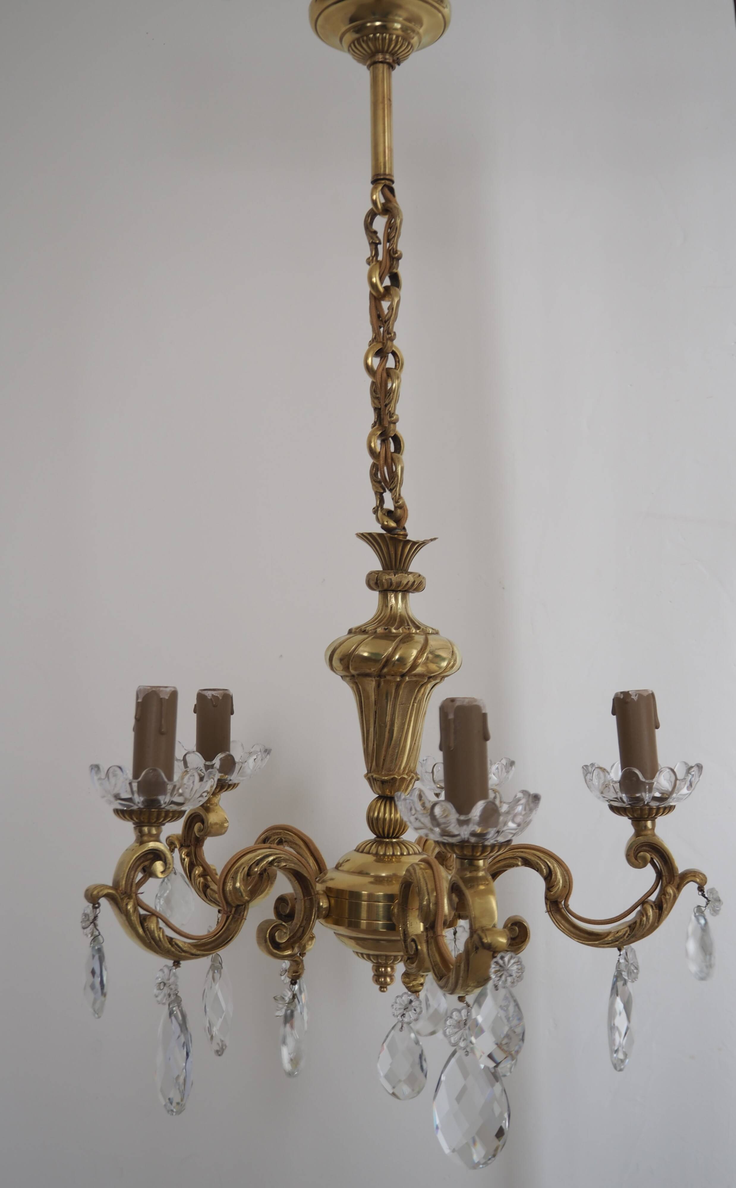 Solid bronze chandelier with crystal pendants and candle holders - Lucien GAU
