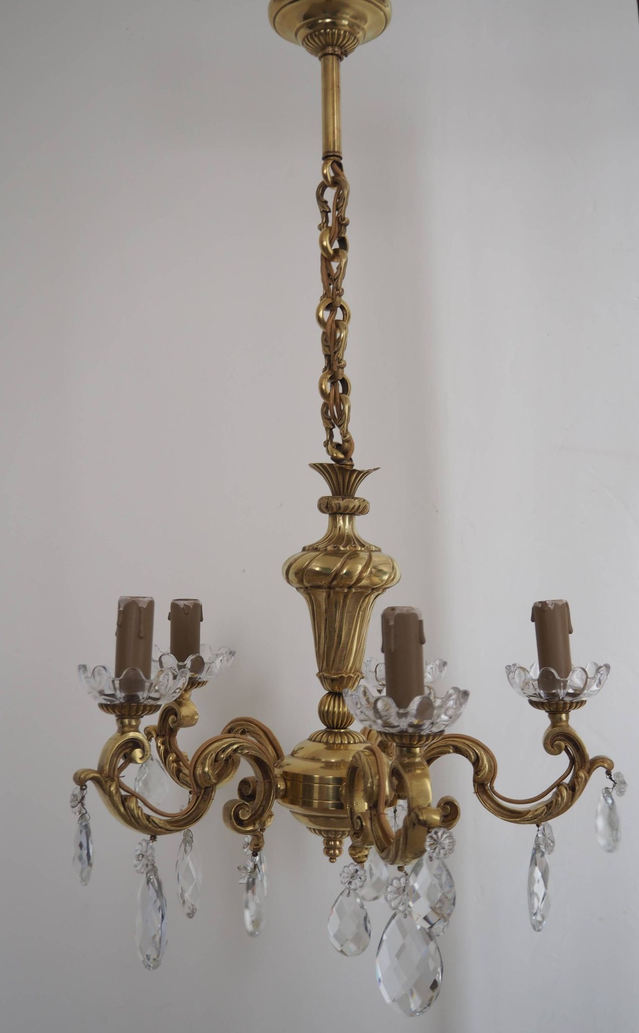 Solid bronze chandelier with crystal pendants and candle holders - Lucien GAU