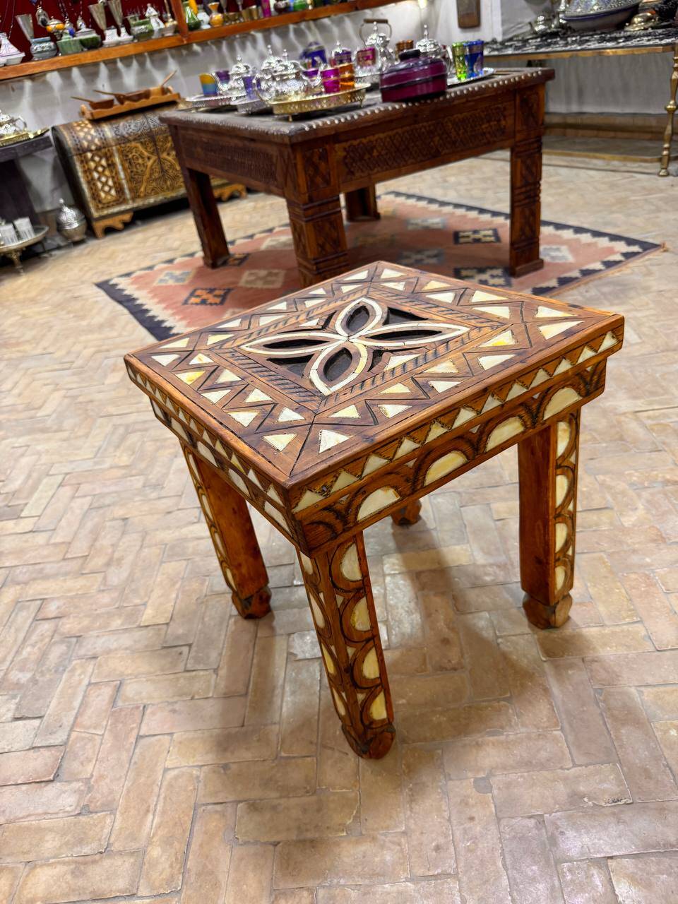 Moroccan camel bone marquetry wooden table for bedroom or living room