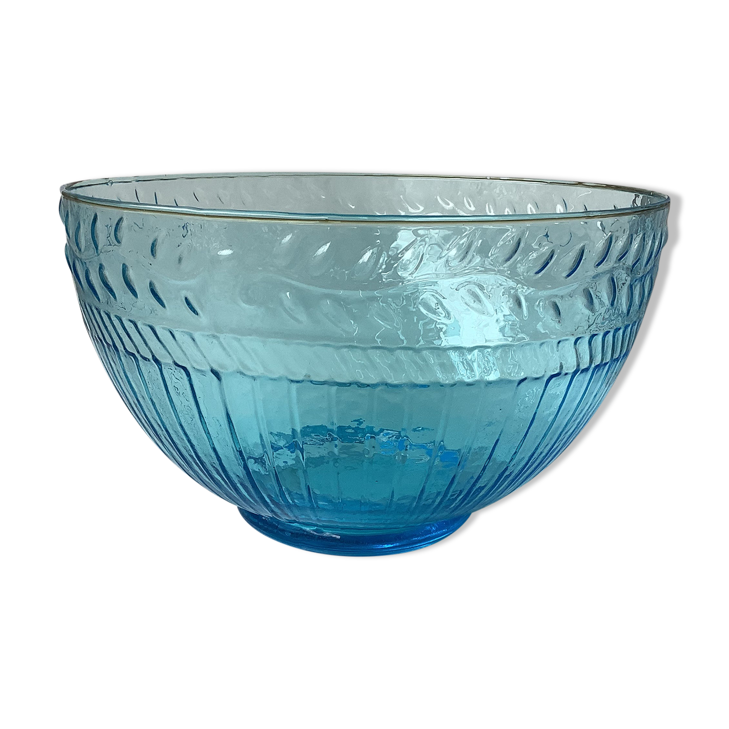 Salad bowl in molded glass pressed art deco fluorescent blue