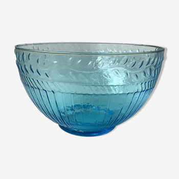 Salad bowl in molded glass pressed art deco fluorescent blue
