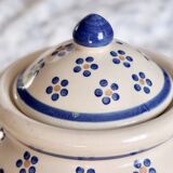 Vintage beige earthenware candy box - Hand-painted blue floral decoration