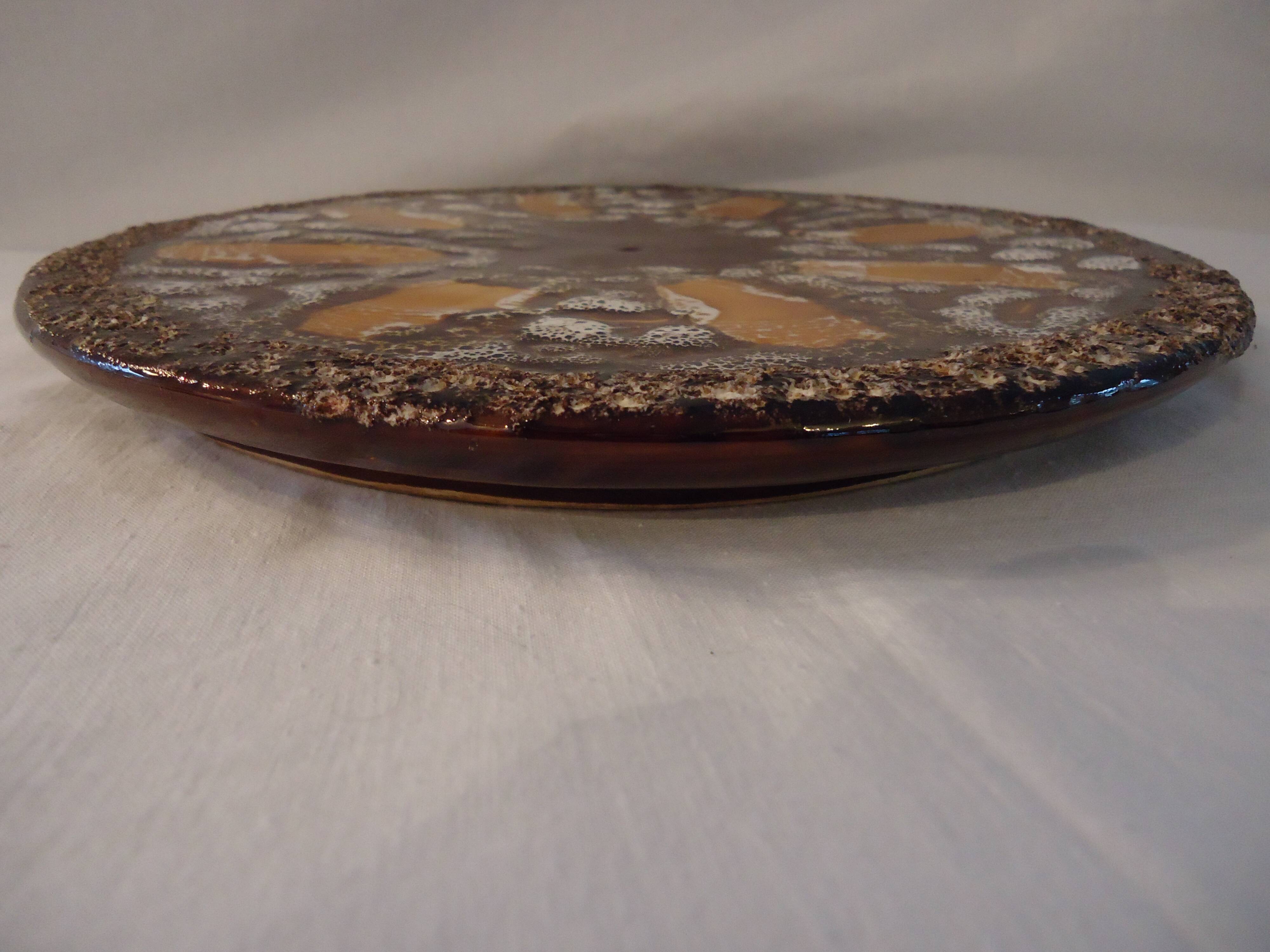 Round plate Vallauris glazed ceramic in brown and orange and Fat Lava A036
