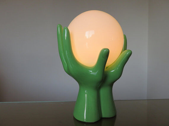 Hand green ceramic lamp and opaline white years 70