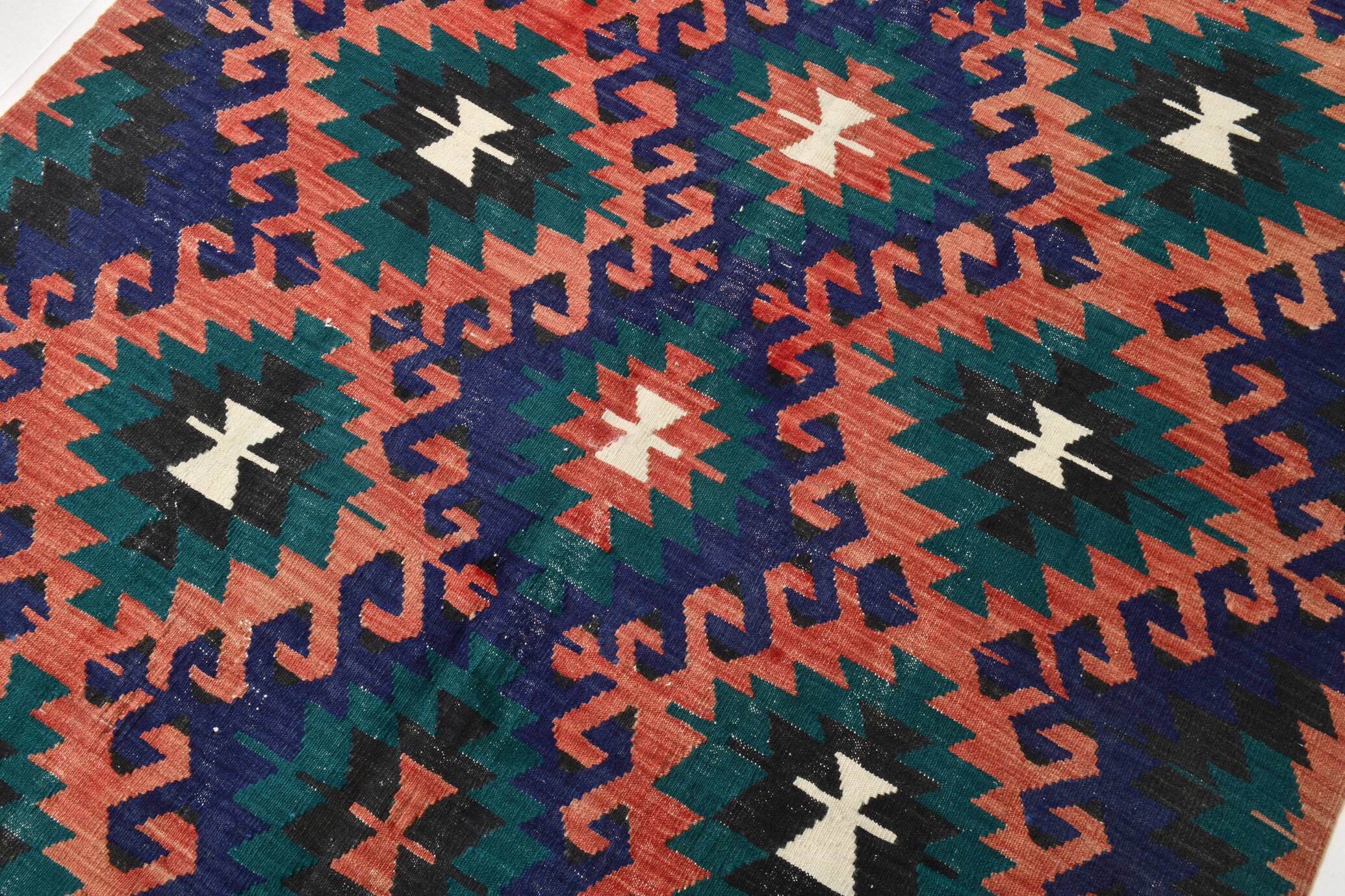 Red & Blue Geometric Vintage Kilim Rug, 158x238Cm