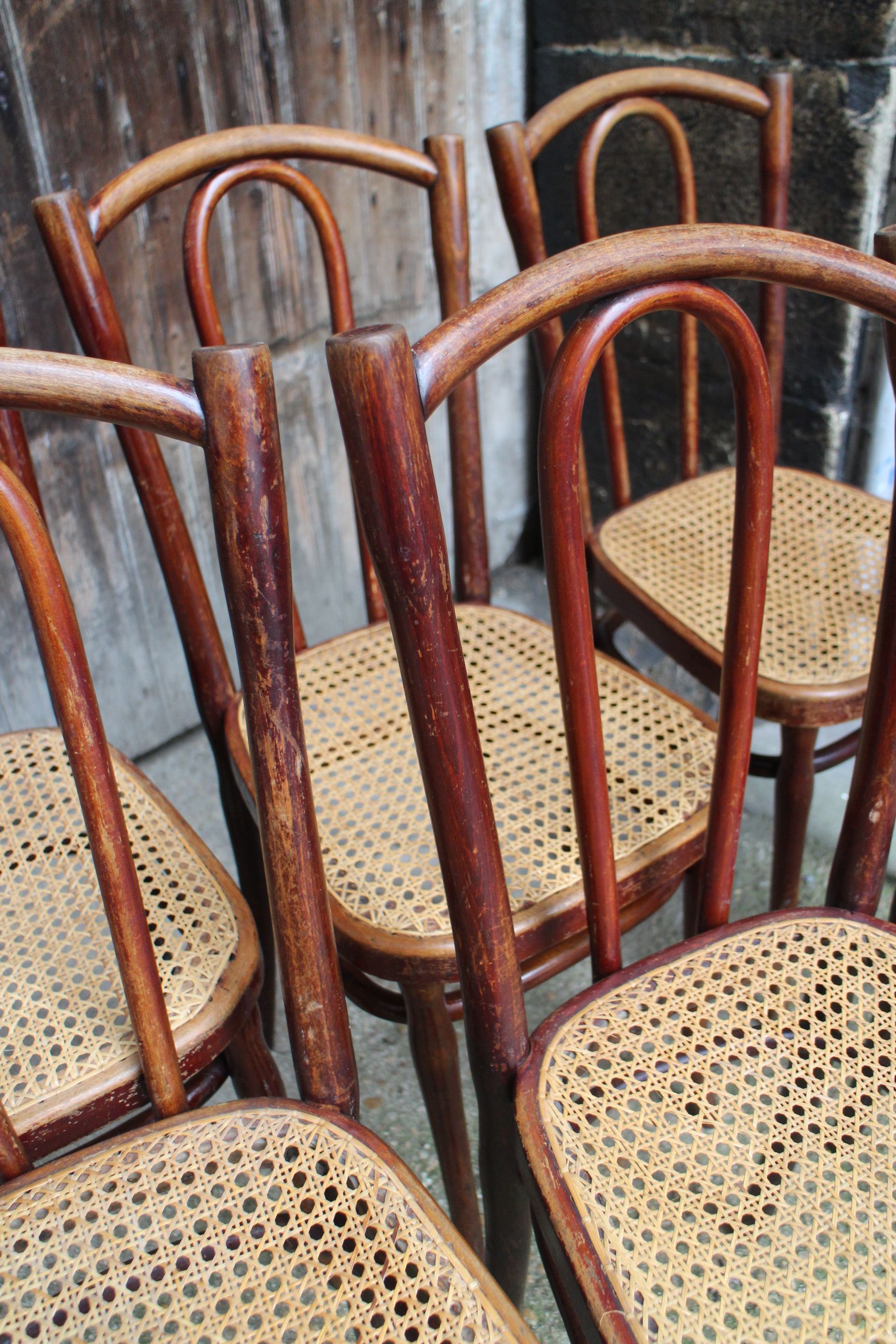 Series of 6 kohn bistro chairs curved wood and cannage