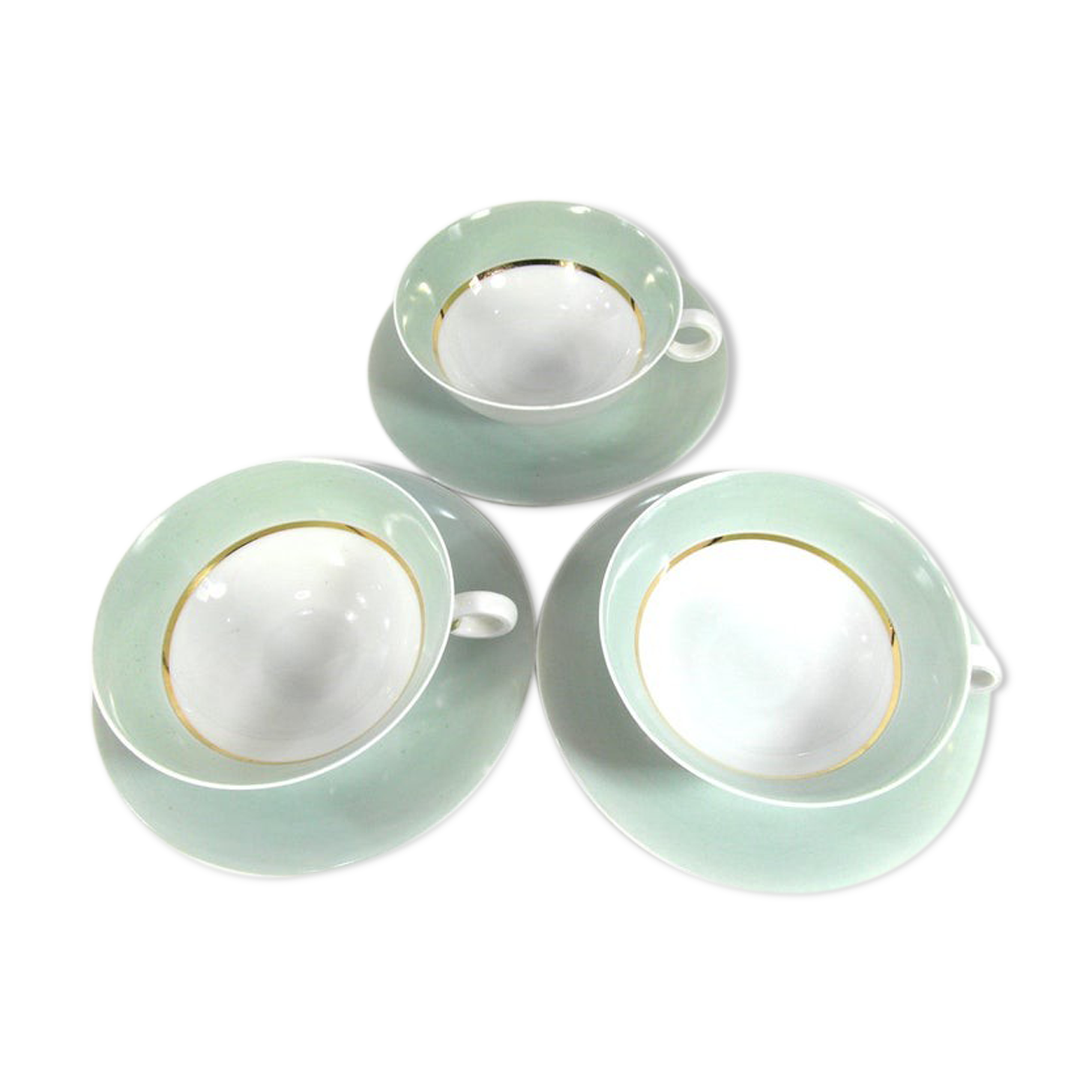 White porcelain and mint cups and saucers, half a cup