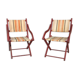 Paire de chaises de plage pliantes type transat vintage - 1960