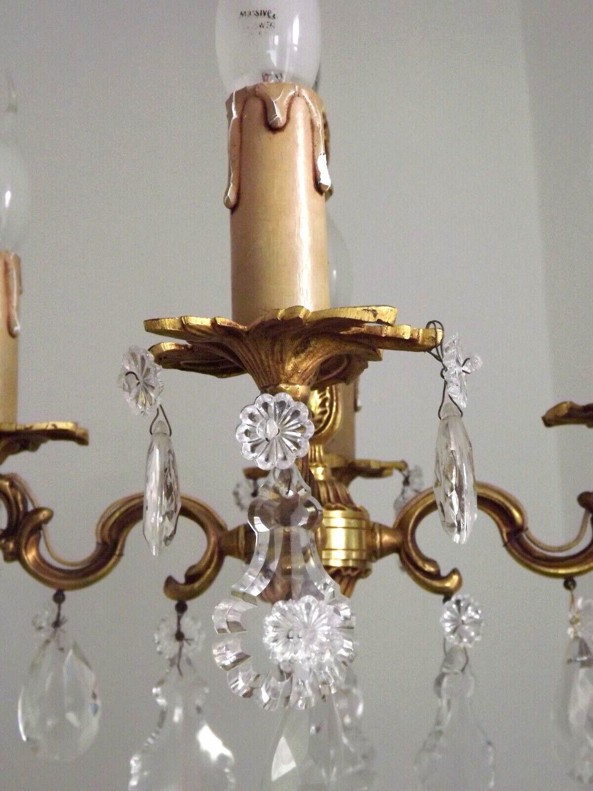 Vintage french brass 4 light chandelier assorted faceted crystal 4007