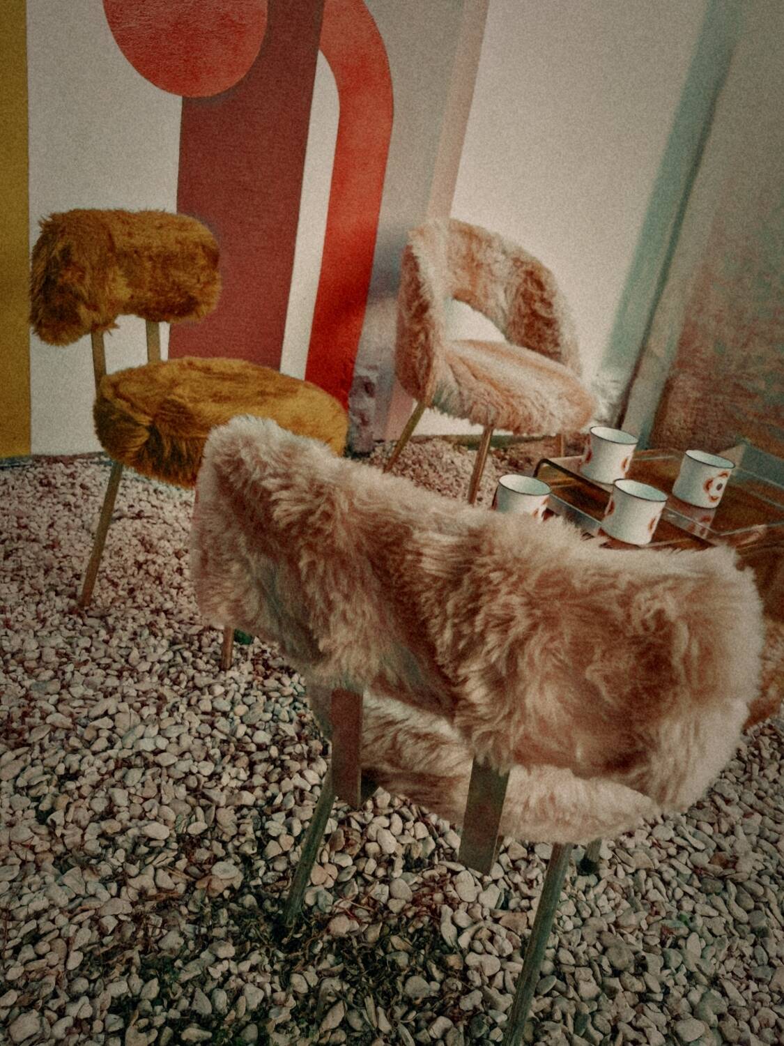 Set of 3 Moumoute Chairs, 2 Pelfran, 1 Barrel from 1960-1970.