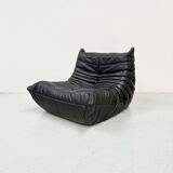 French black leather Togo lounge chair by Michel Ducaroy for Ligne Roset, 1970s