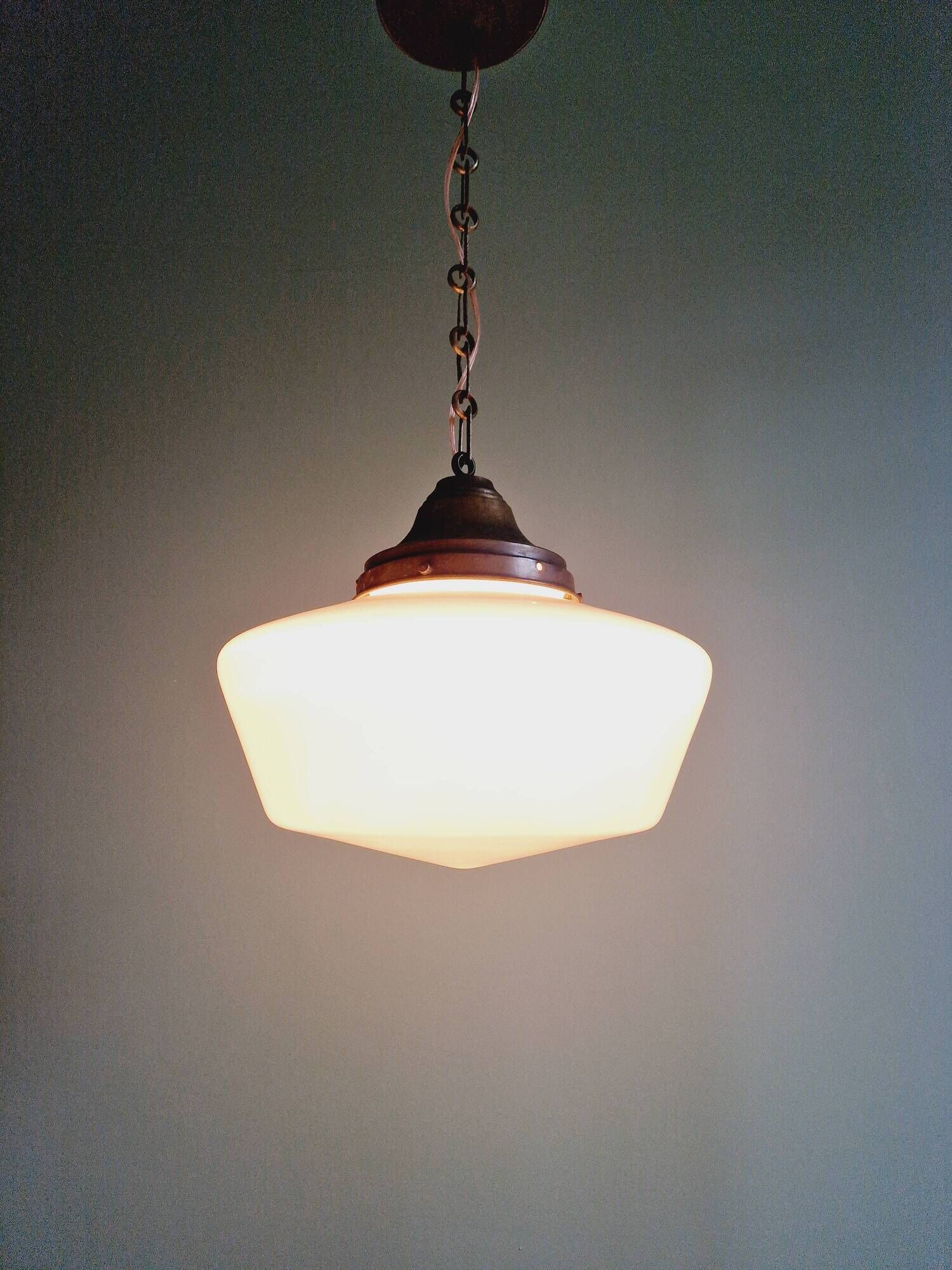 Large Art Deco pendant light in conical white opaline, 1920s-30s