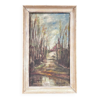 Old painting of a forest path
