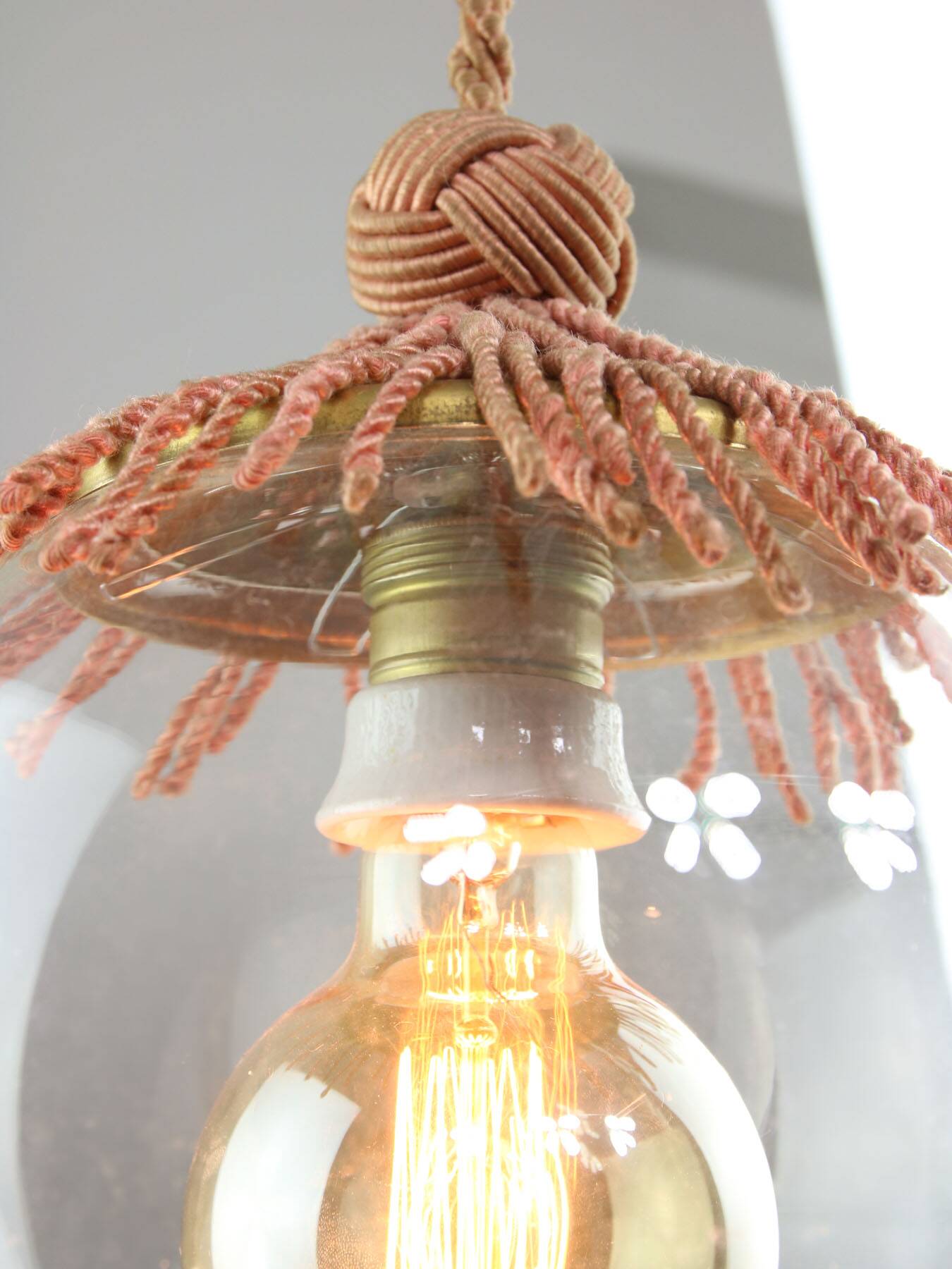 Art Deco Italian Pink Fabric and Brass Globe Pendant Lamp