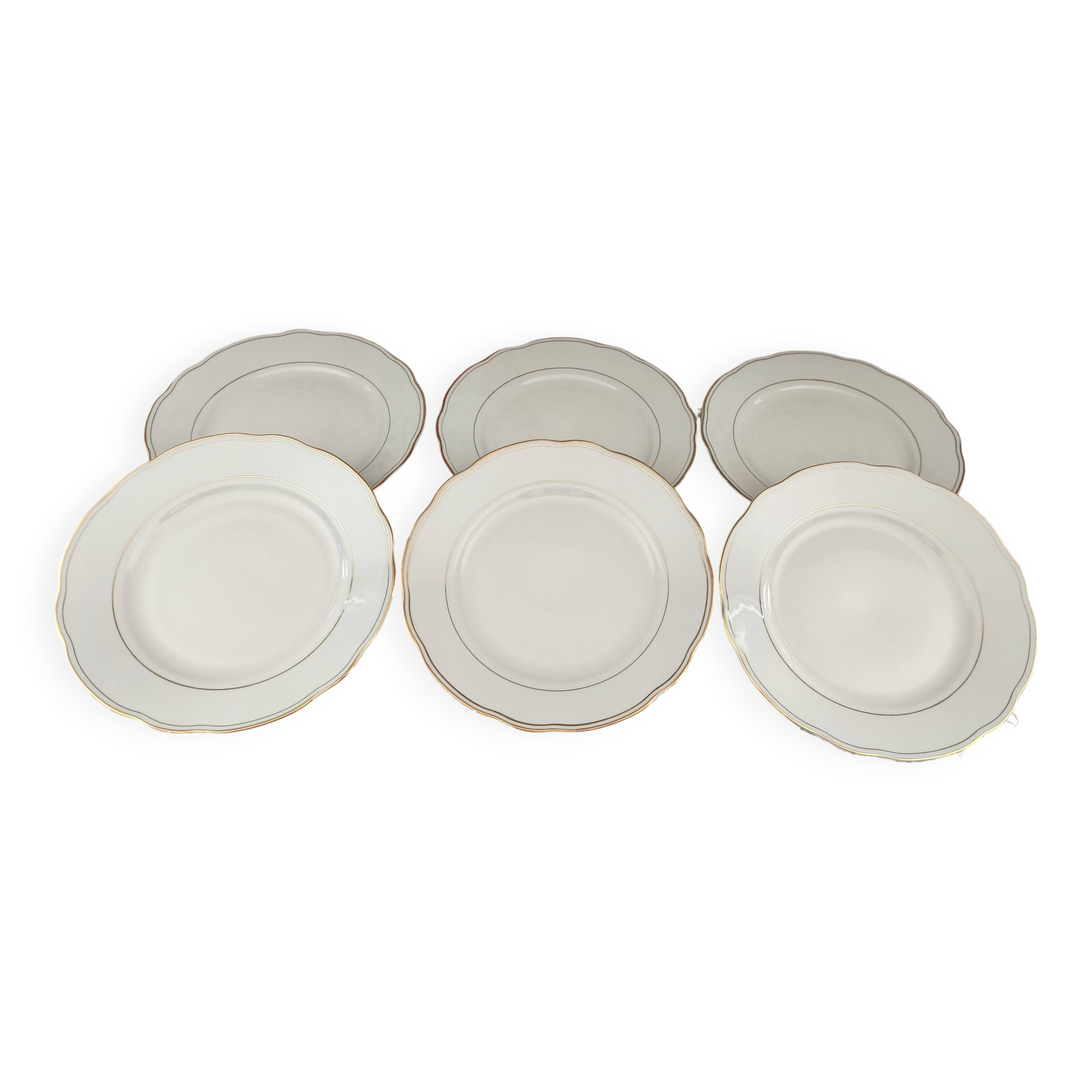 Set of 6 small white porcelain dinner plates with gold trim