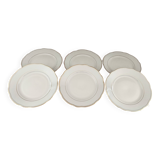 Set of 6 small white porcelain dinner plates with gold trim