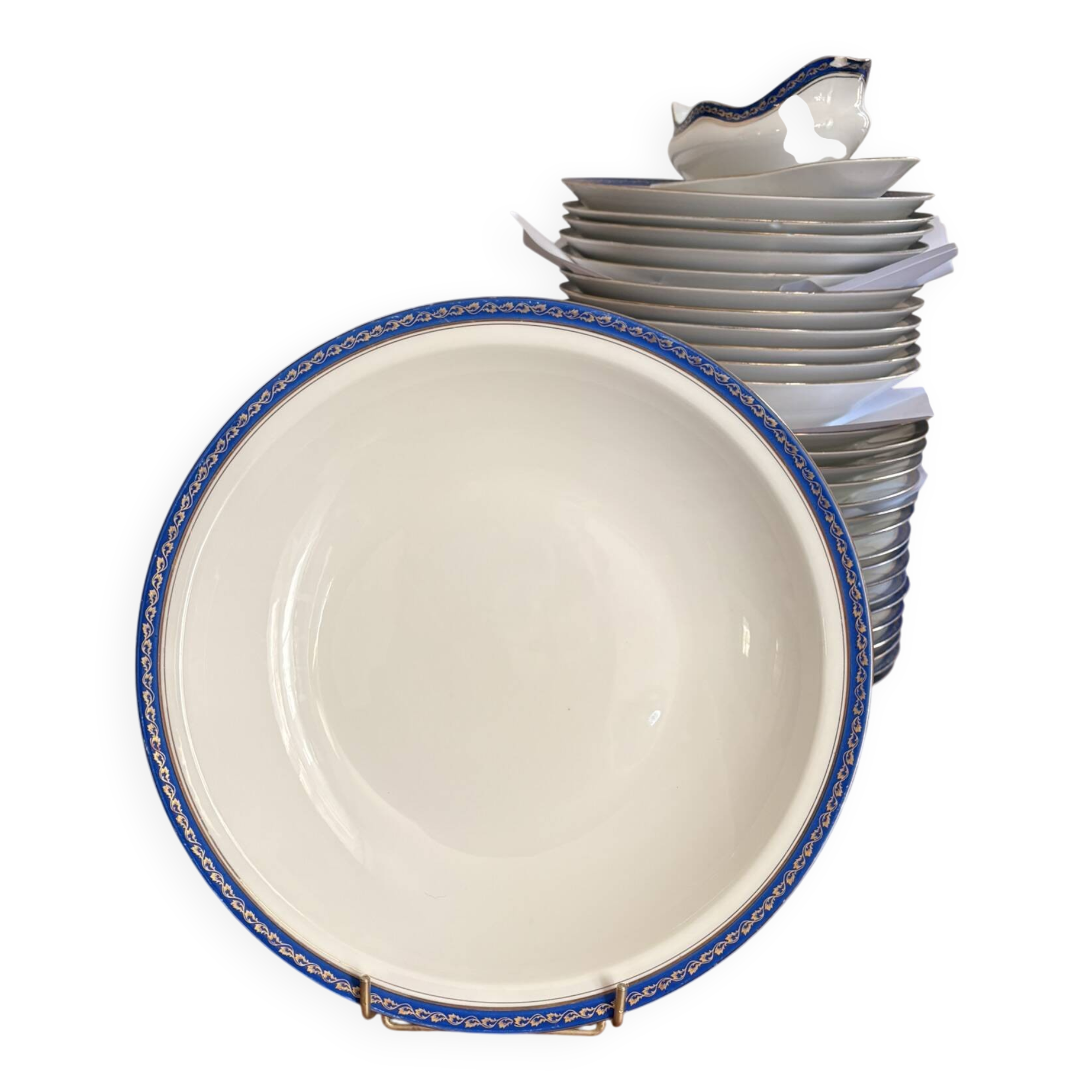 Large Deep Plate 29cm Salad Bowl Limoges Porcelain Blue Gold Betoule Legrand