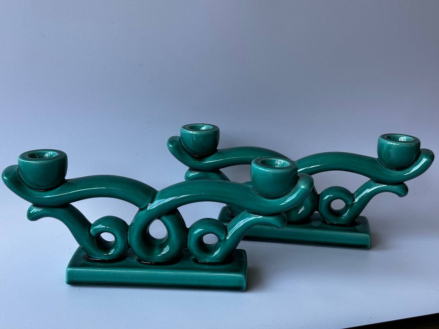 Set of 2 turquoise enamelled ceramic candle holders