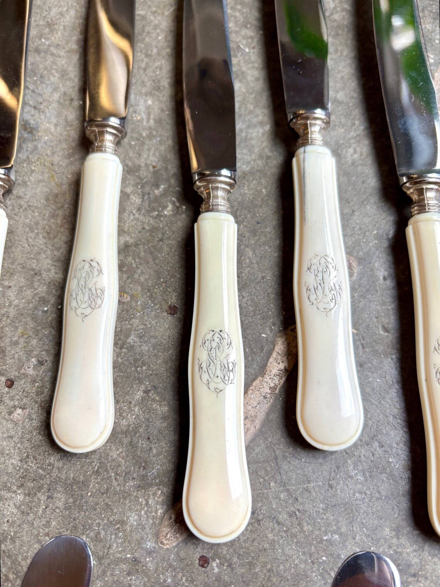 12 stainless steel and monogrammed bone knives