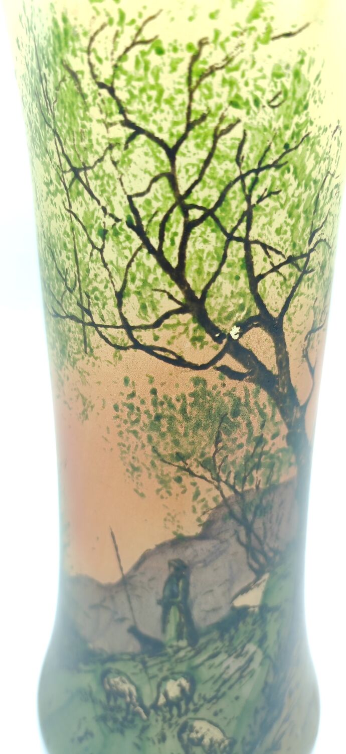 Large enameled glass vase in the style of Legras decor of the shepherd and his sheep