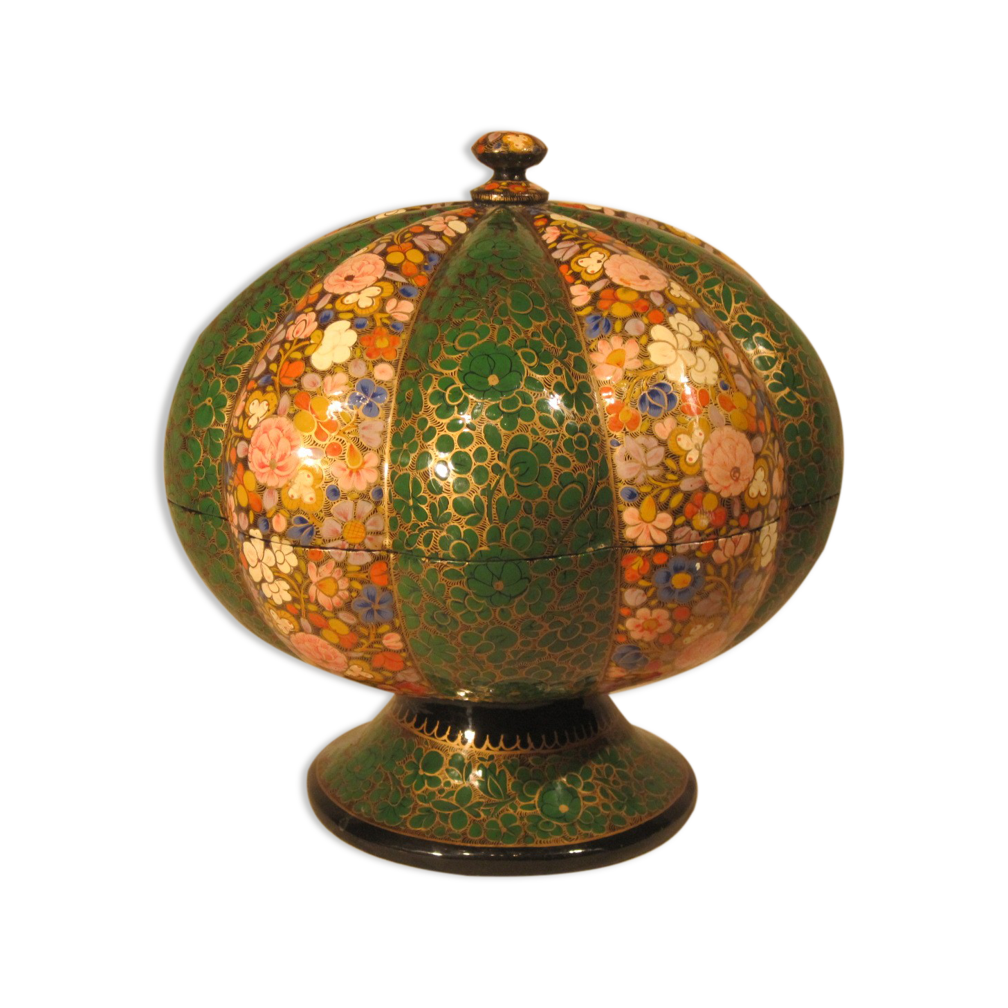 Round Pumpkin-Shaped Box in Painted Papier-Mâché