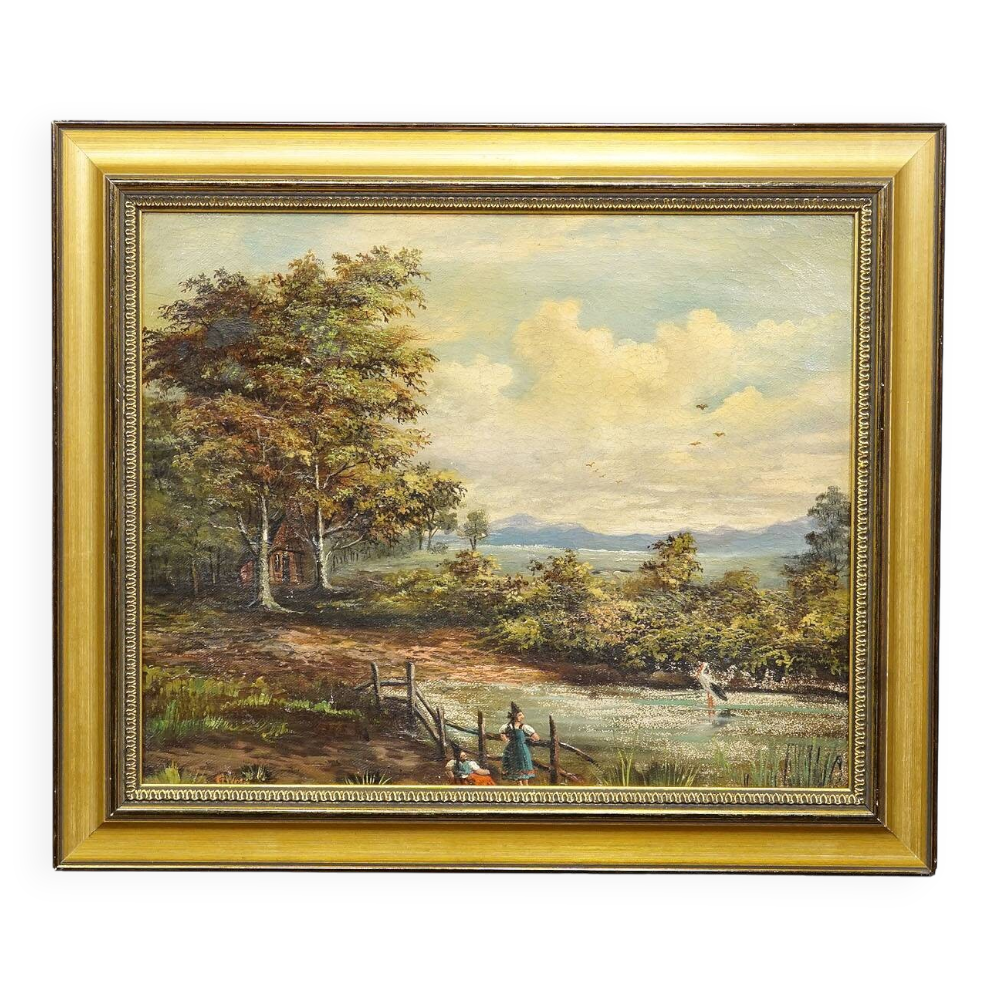 19th-century Biedermeier landscape painting with a lake and trees.