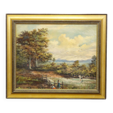 19th-century Biedermeier landscape painting with a lake and trees.