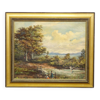 19th-century Biedermeier landscape painting with a lake and trees.