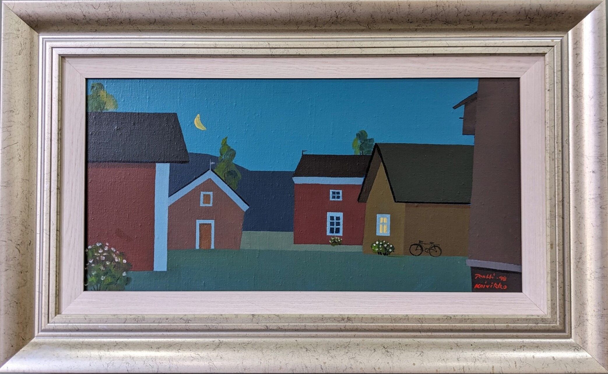 Contemporary Modernist Style Swedish "Houses at Midnight" Framed Street Scene Oil Painting, 1998