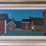 Style moderniste contemporain suédois « Maisons à minuit » Peinture à l’huile encadrée de scène de rue, 1998