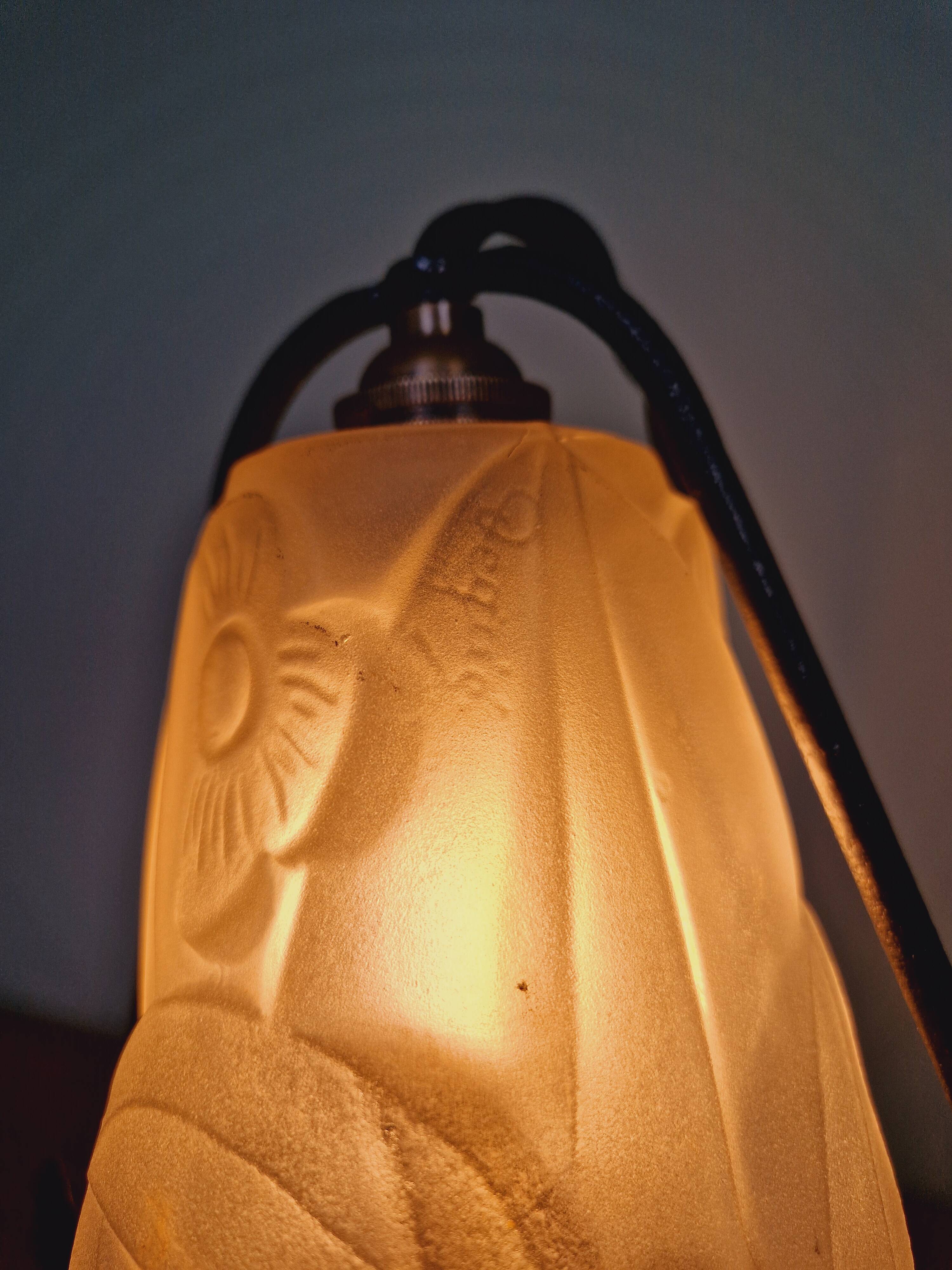 Art Deco night light in wrought iron and satin glass signed Degué