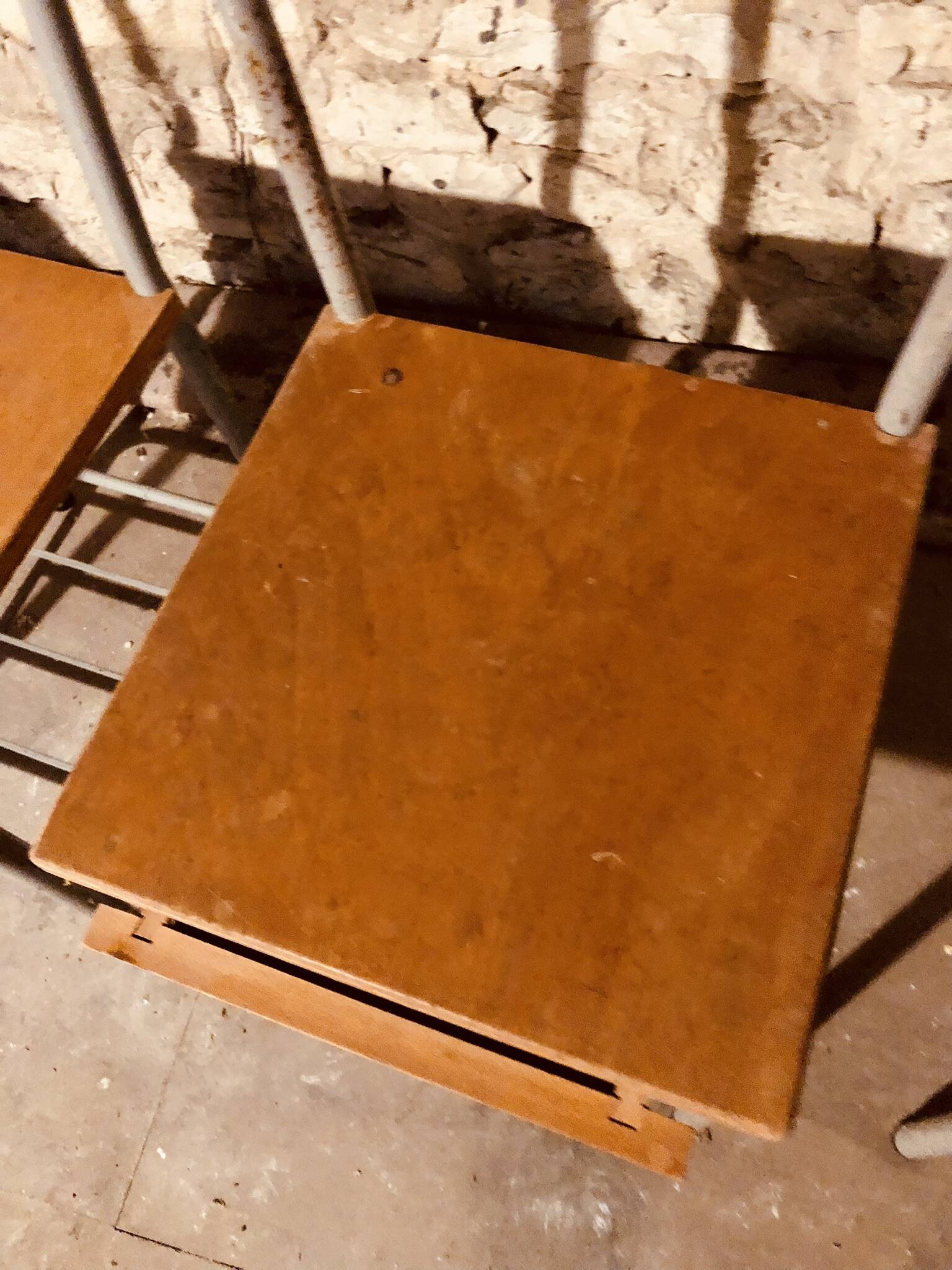 4 "Diana n° 325" designer chairs, 1950s boarding school chairs with drawers