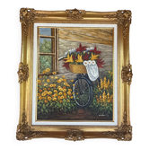 Vintage floral bicycle painting – Oil on canvas signed – Antique gold frame