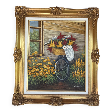 Peinture vintage vélo fleuri – Huile sur toile signée – Cadre doré ancien