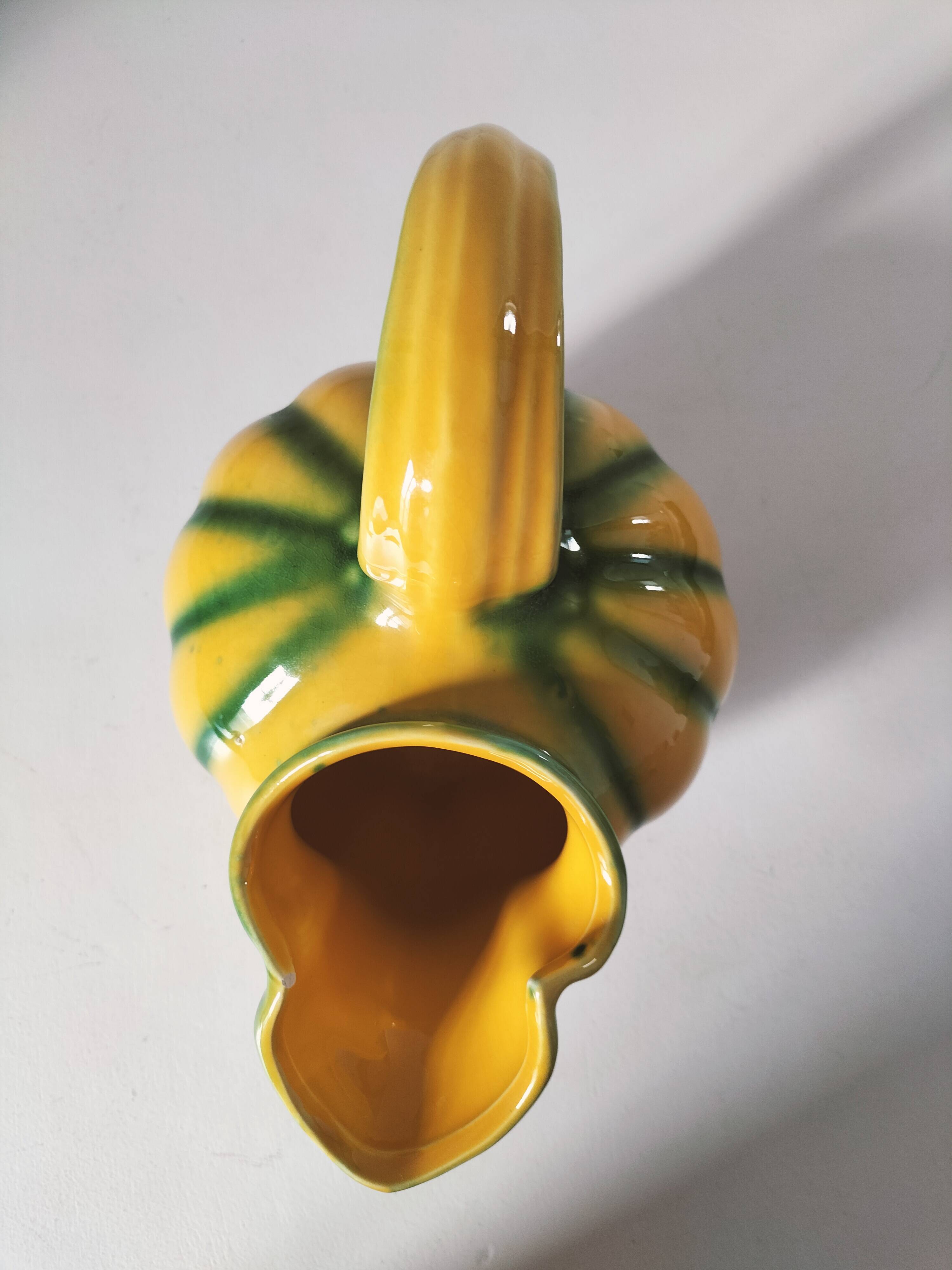Vintage yellow and green earthenware melon-shaped pitcher – 1950s