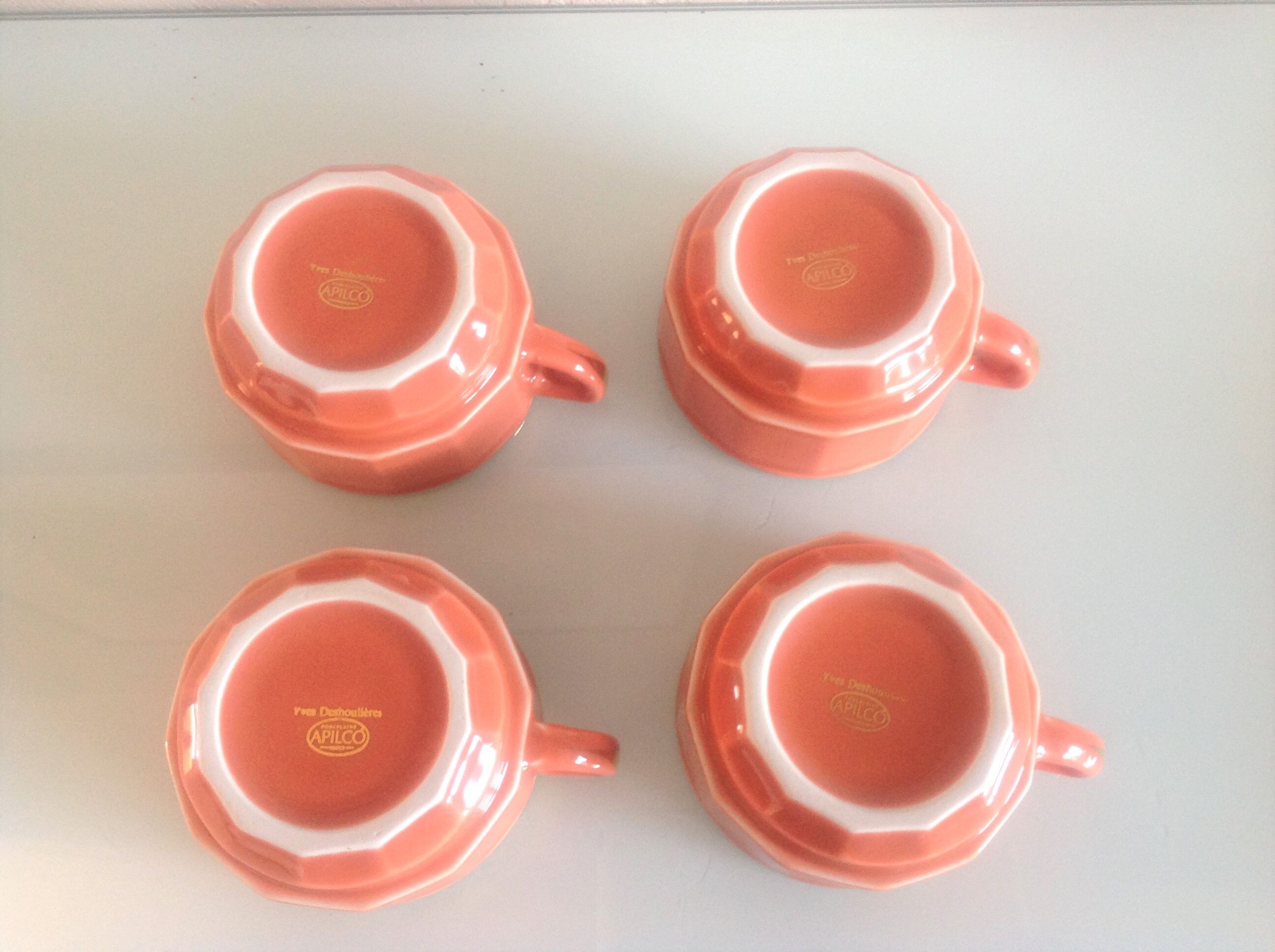 Bistro style four-mugs suite orange-pink by Apilco /vintage 70-80