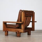Midcentury Modern Brutalist Lounge Chair In Oak And Leather, Italy 1970s