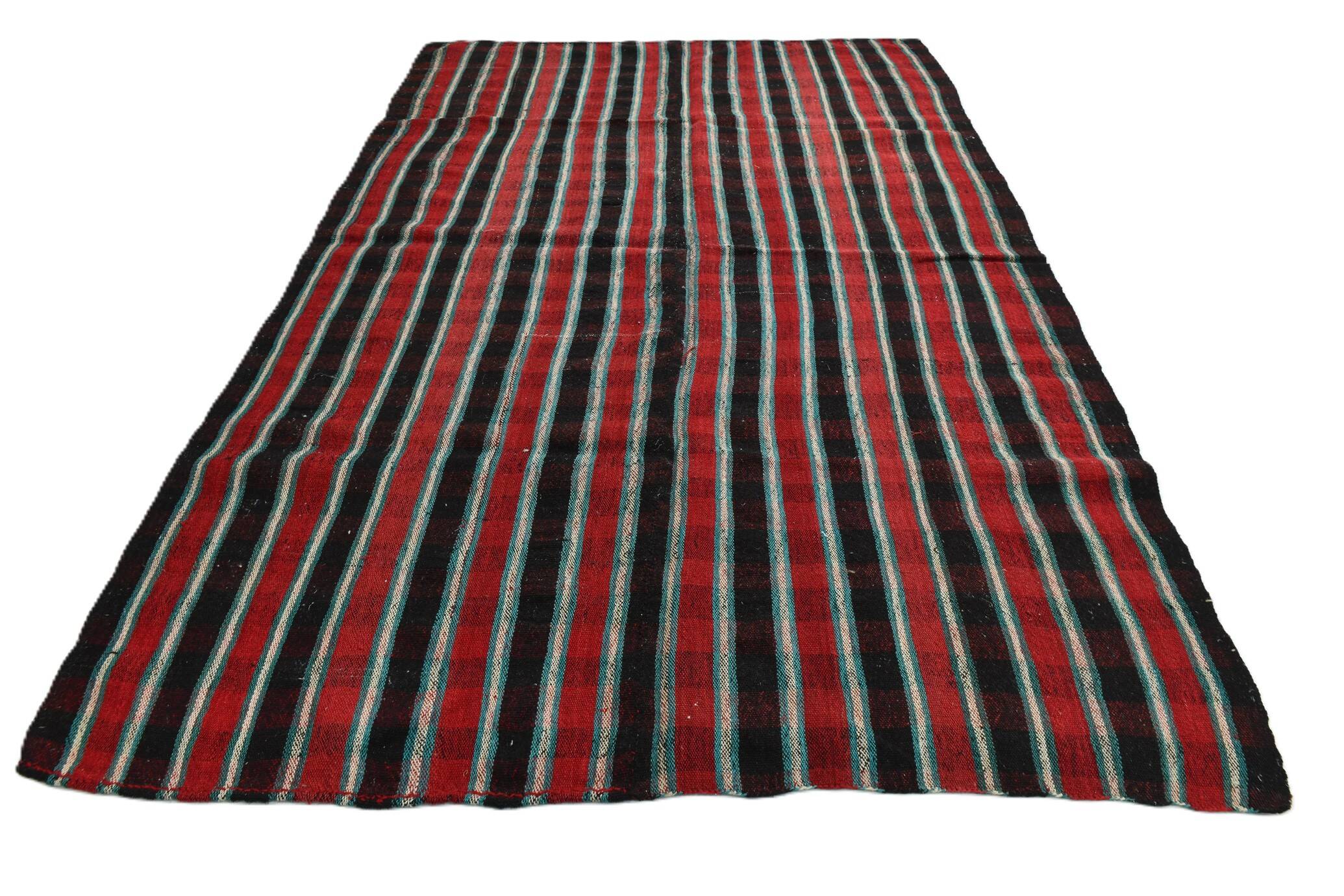 Tapis Kilim rayé rouge et vert, 202x312 cm