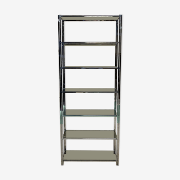 Italian shelf of the 1970s in chrome-plated steel and smoked glass
