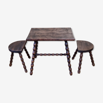 Breton style tripod children's table and stools in solid wood