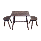 Breton style tripod children's table and stools in solid wood