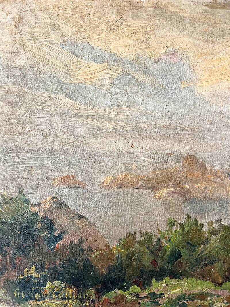 Painting “Seaside View”, oil on canvas glued on hardboard.