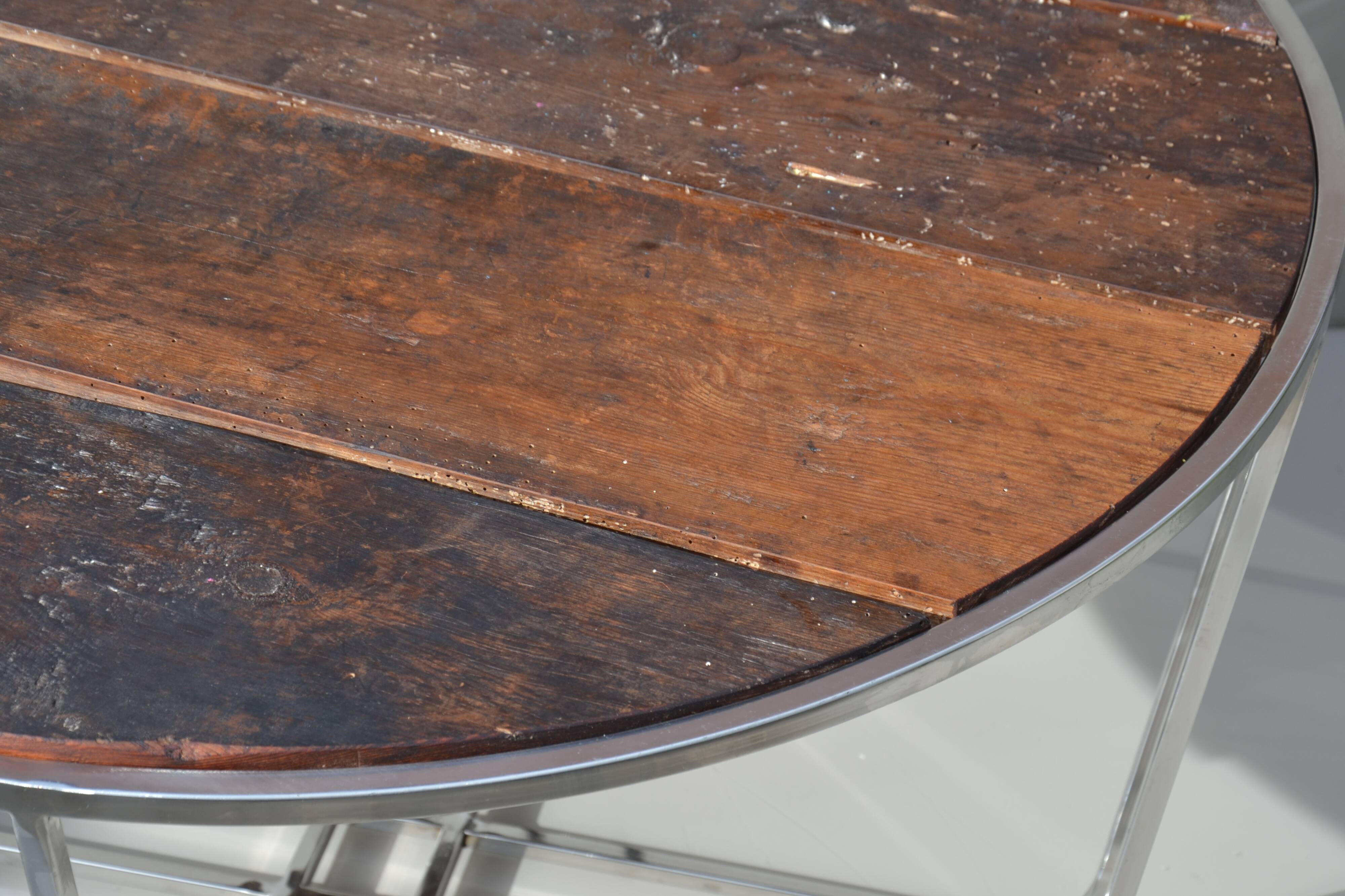 Rustic refurbished wood metal base industrial round coffee