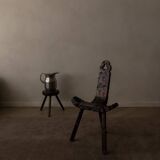 Spanish brutalist tripod chair in carved solid wood