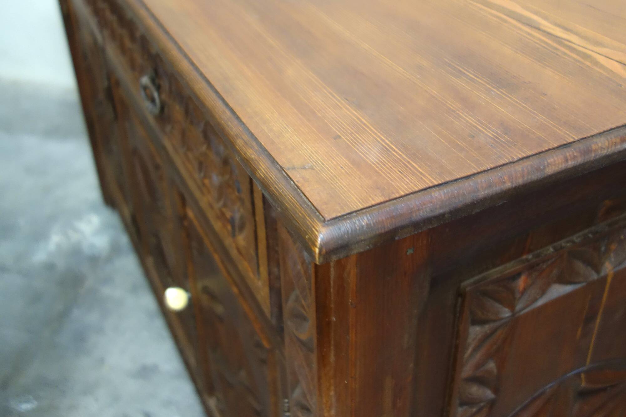 Carved pine sideboard, mountain folk art, 1950s